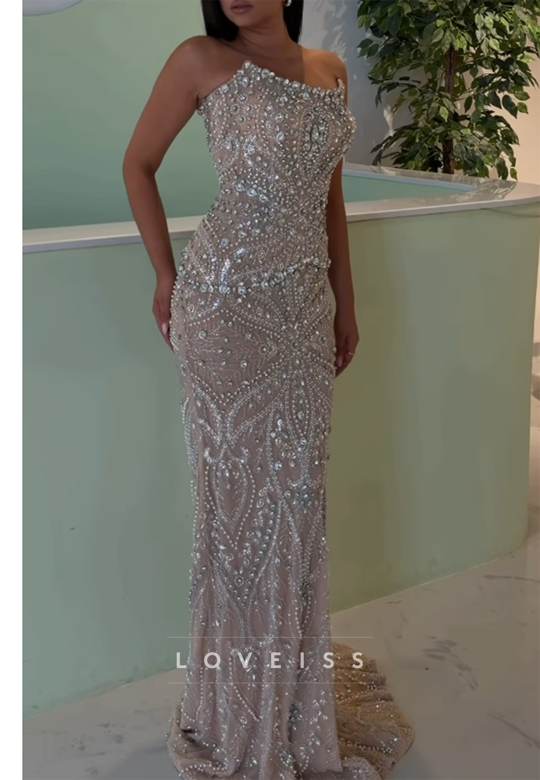 Strapless Crystal Beaded Floor-Length Evening Gown