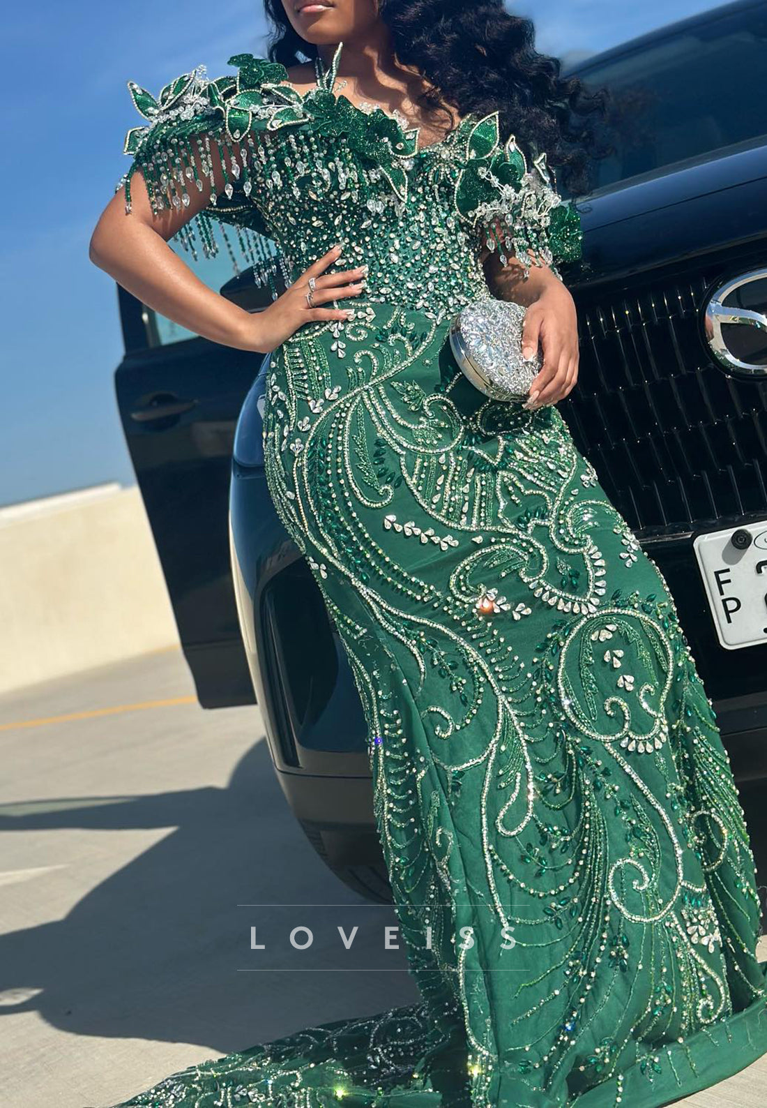 Beaded Mermaid Evening Dress with Beaded Fringe