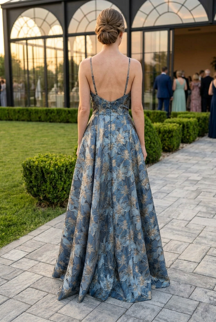 Floral Jacquard A-Line Gown with Spaghetti Straps