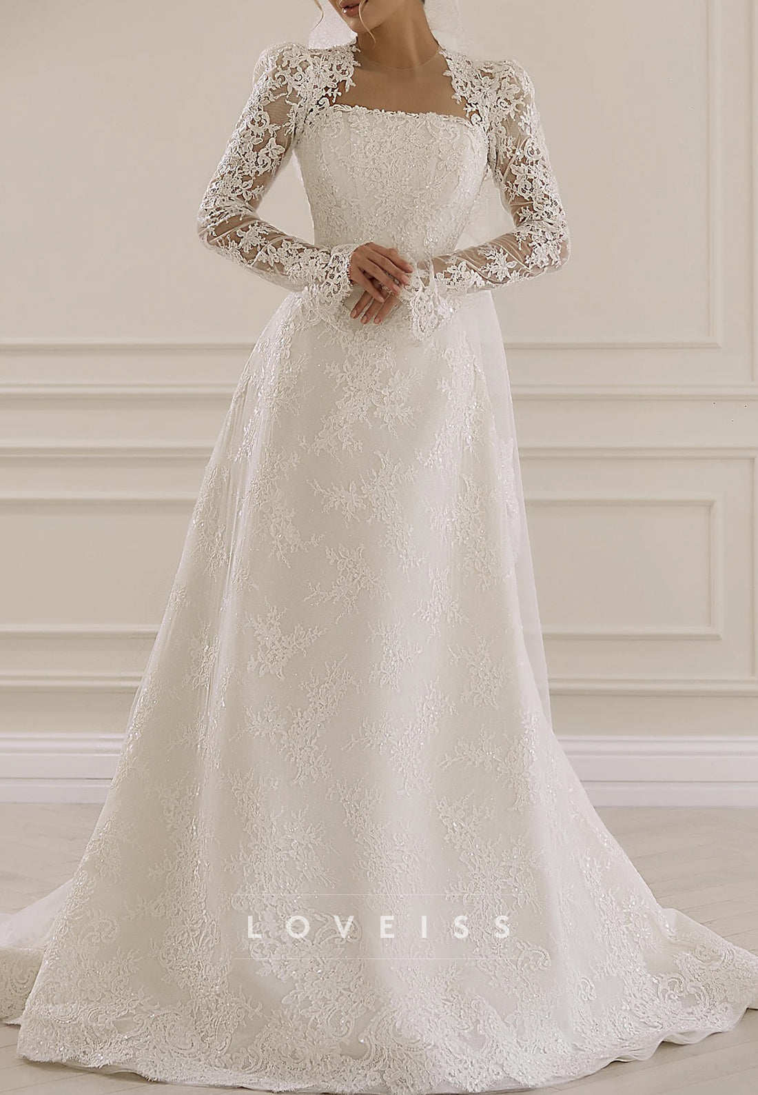 Long Sleeve Lace Ball Gown Wedding Dress with Train