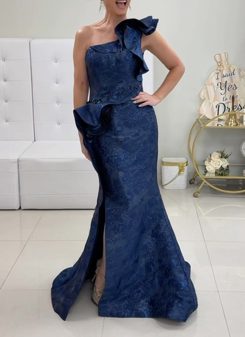 One-Shoulder Ruffle Brocade Gown with Front Slit