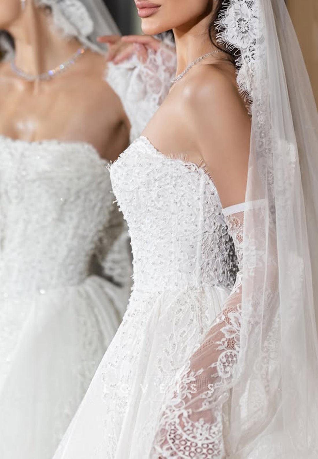 Strapless Lace Ball Gown Wedding Dress with Long Sleeves