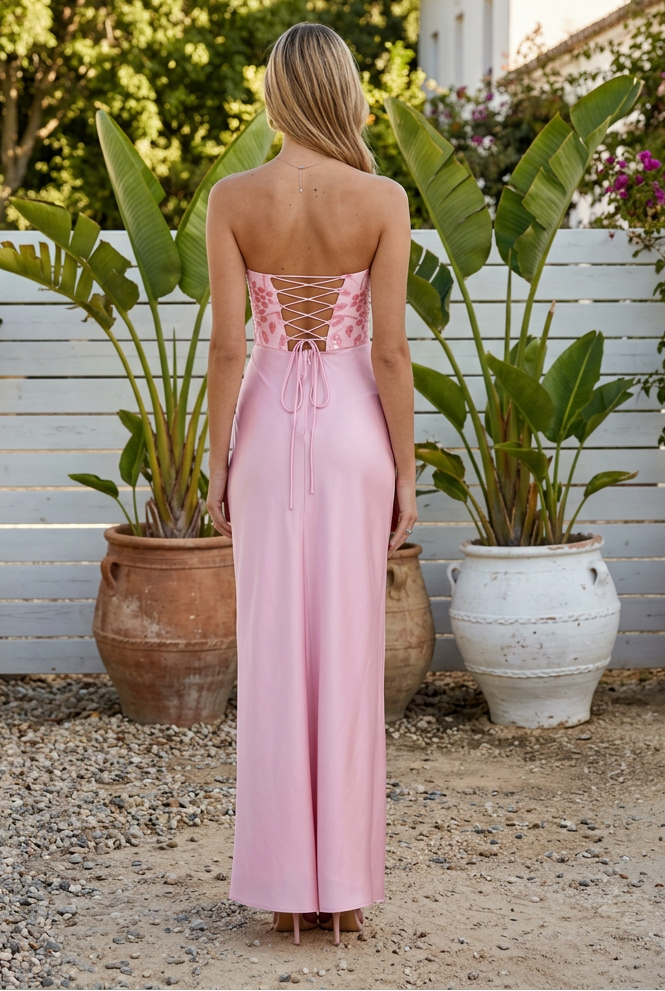 Strapless Sequin Bodice Draped Evening Gown
