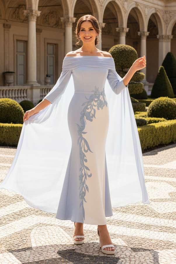 Off-Shoulder Cape Sleeve Embroidered Evening Gown