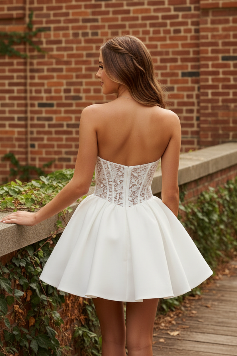 Strapless Lace Corset Pleated Mini Dress
