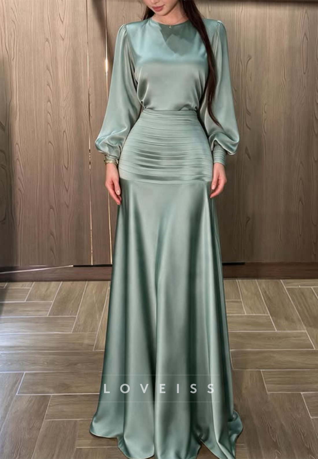 Ruched Drop-Waist Satin Maxi Dress with Long Sleeves