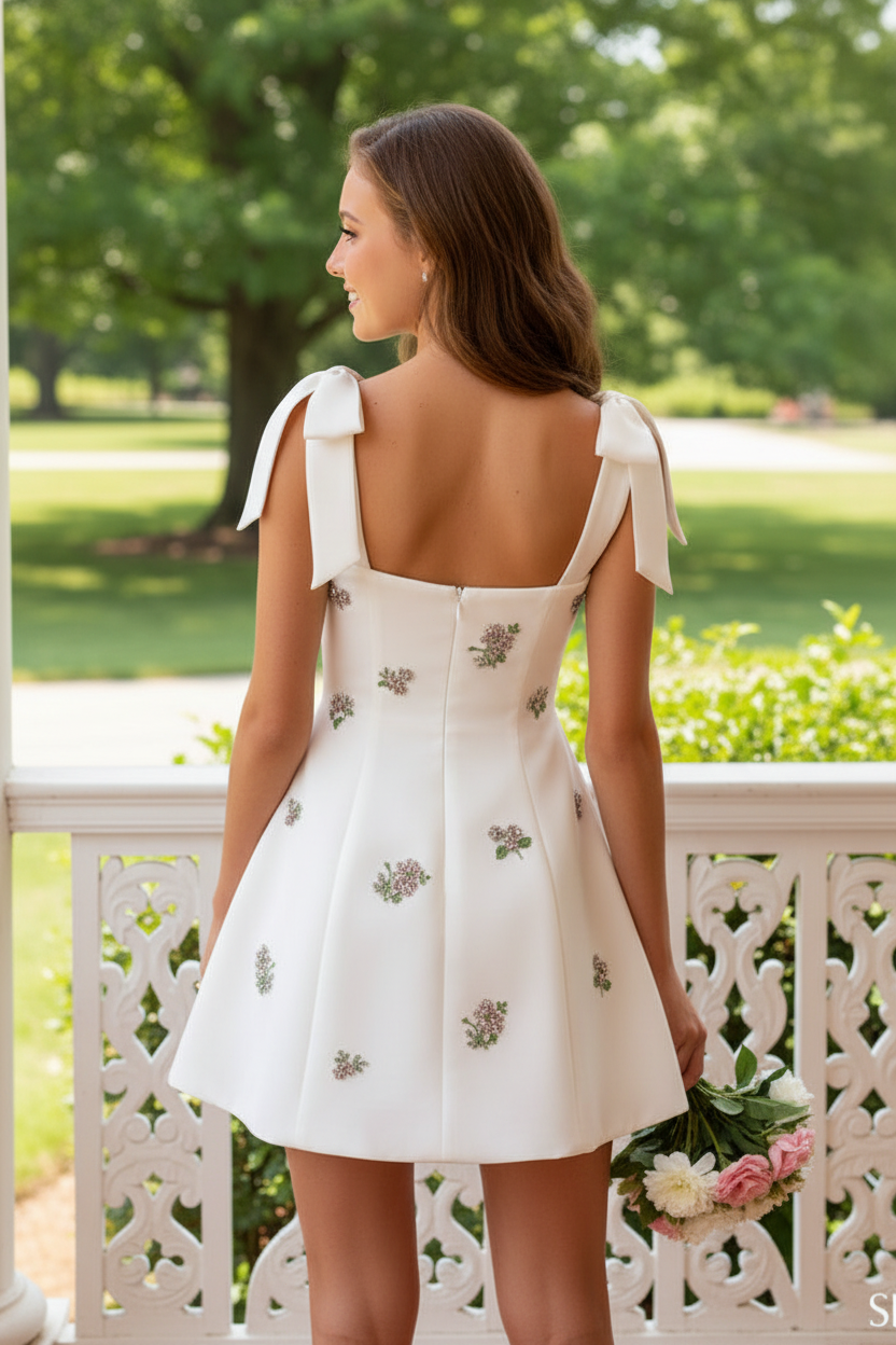 Beaded Floral Bow Strap A-Line Mini Dress