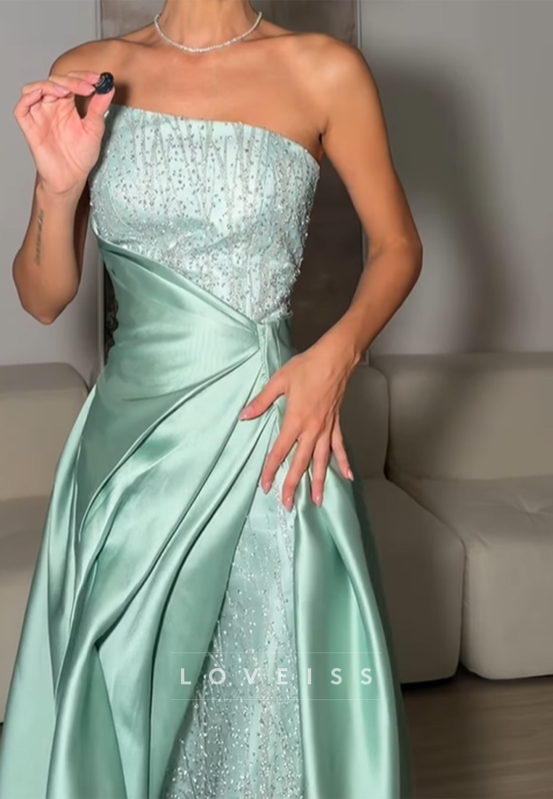 Strapless Sequin Satin Gown with High Slit & Drape
