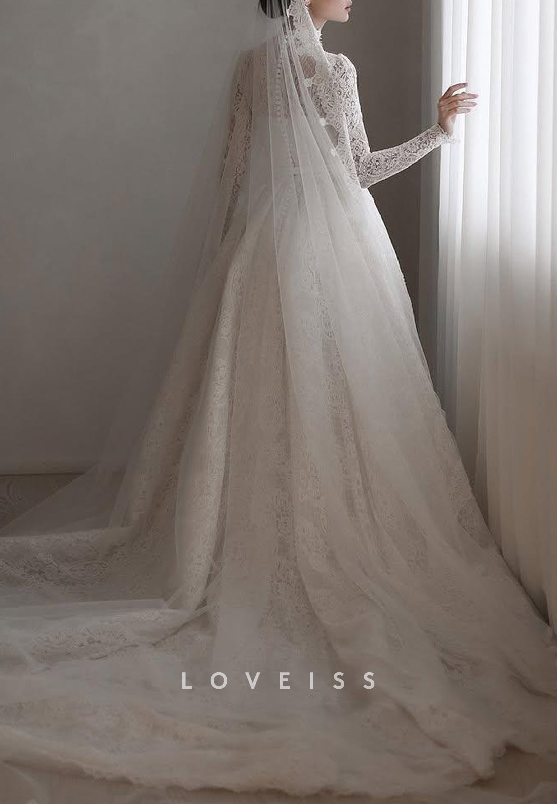 High Neck Lace Long Sleeve A-Line Wedding Dress