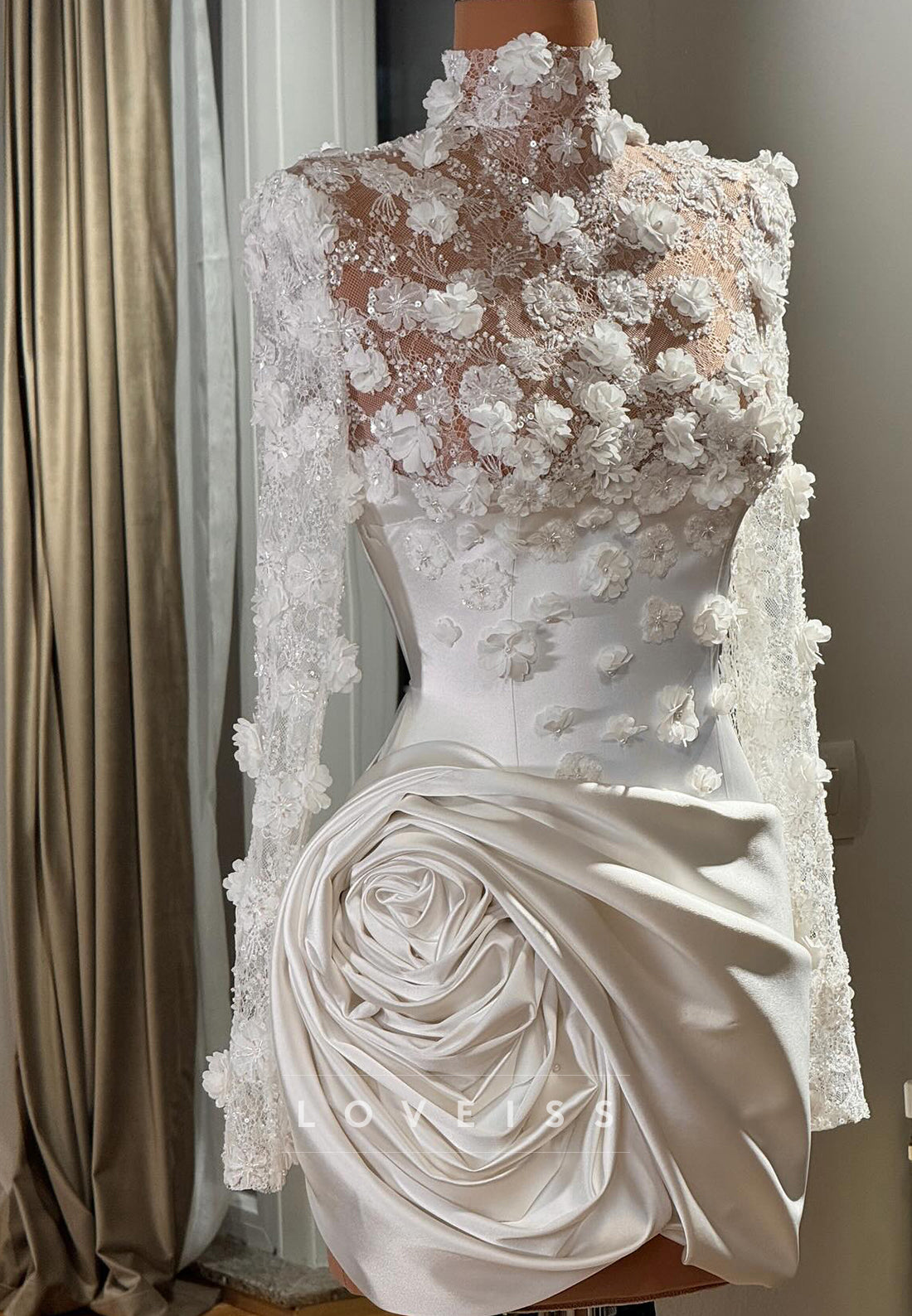 3D Floral High Neck Mini Dress with Draped Rosette