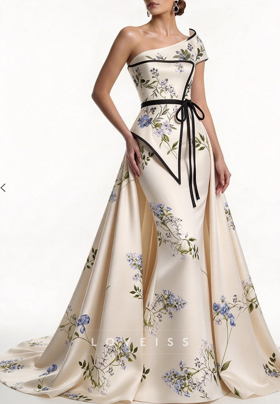 One-Shoulder Floral Evening Gown with Overskirt