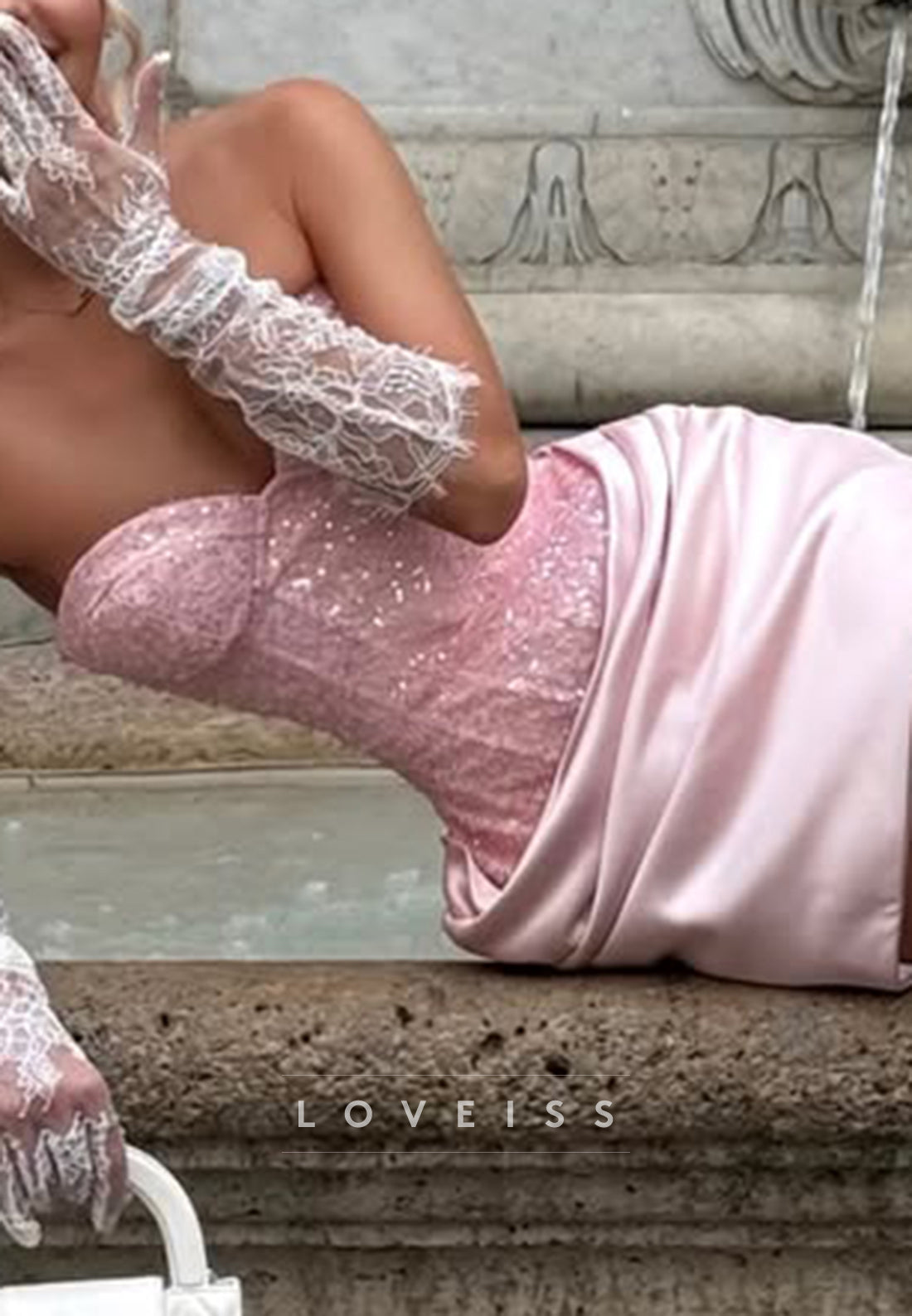Strapless Sequin Corset Draped Satin Mini Dress