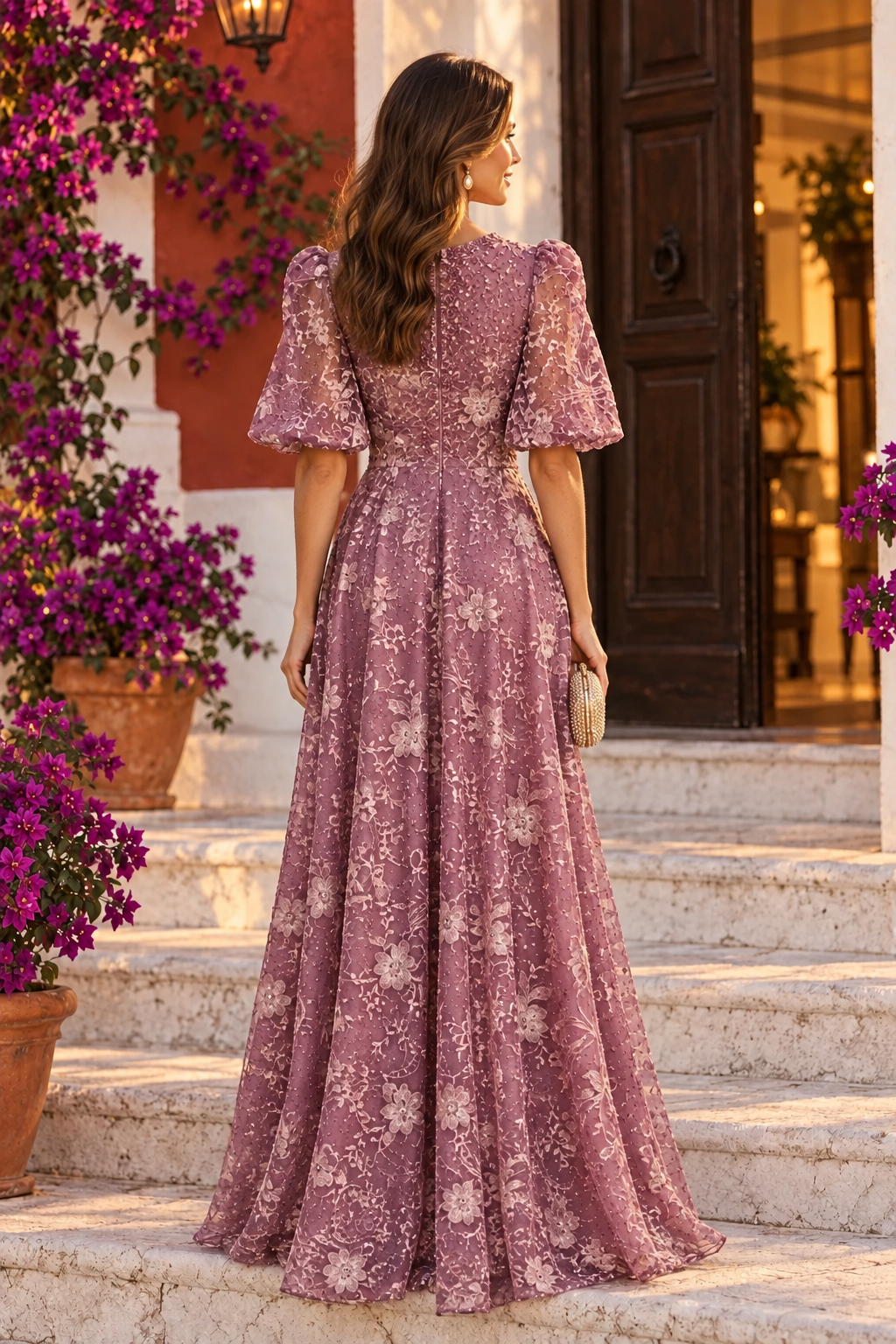 Floral Embroidered A-Line Gown with Puff Sleeves