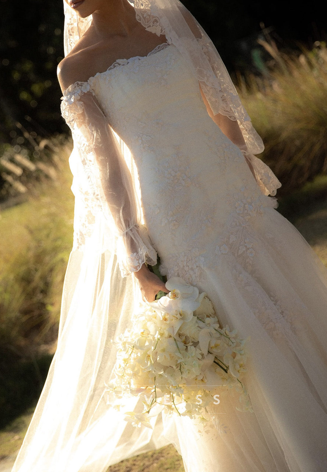 Off-the-Shoulder Lace Drop-Waist Wedding Dress