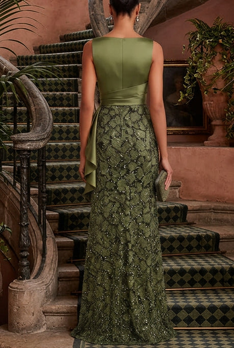 Pleated Satin Bodice Sequin Gown with Ruffle Drape