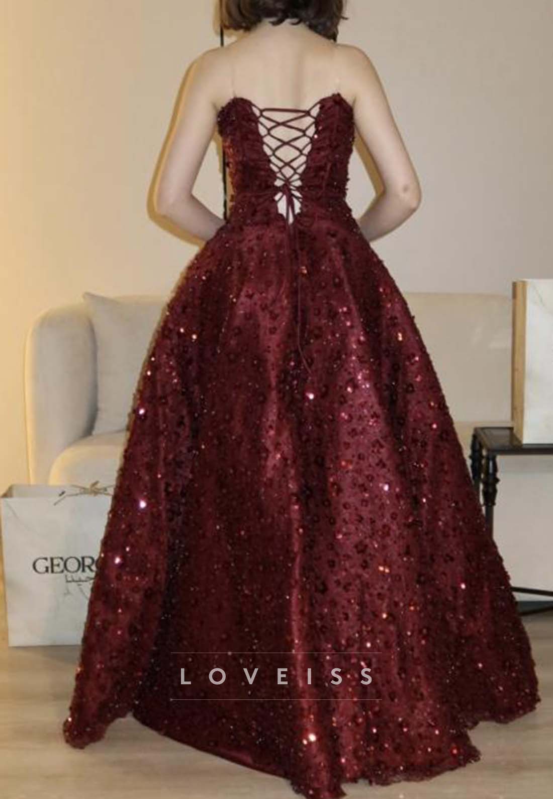Sequin-Embellished Strapless Ball Gown