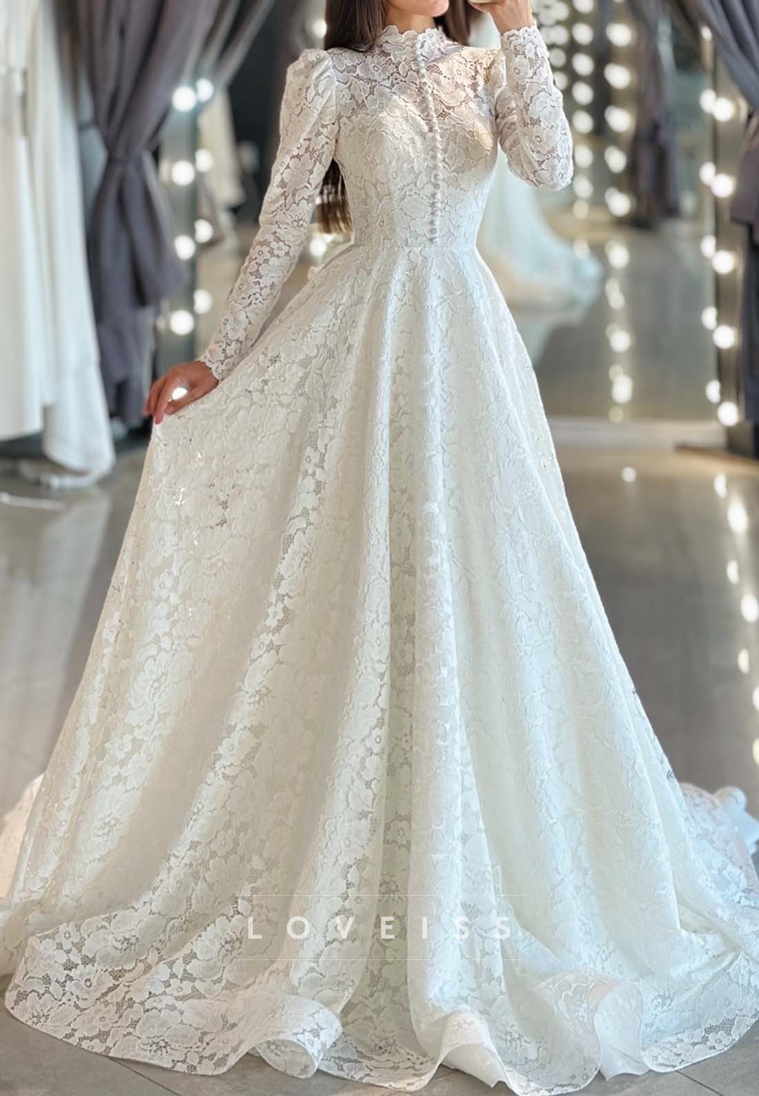 High Neck Lace Long Sleeve Wedding Dress