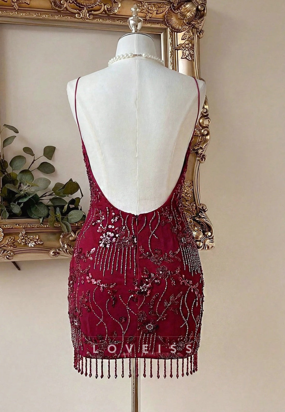 Beaded Floral Fringe Open Back Mini Dress