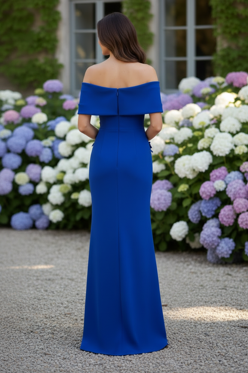 Off-the-Shoulder 3D Floral Gown with High Slit