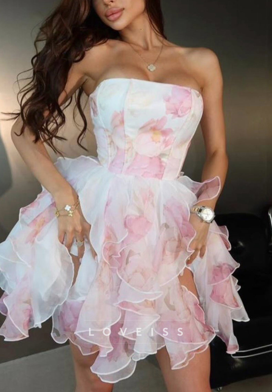 Strapless Floral Organza Ruffle Mini Dress