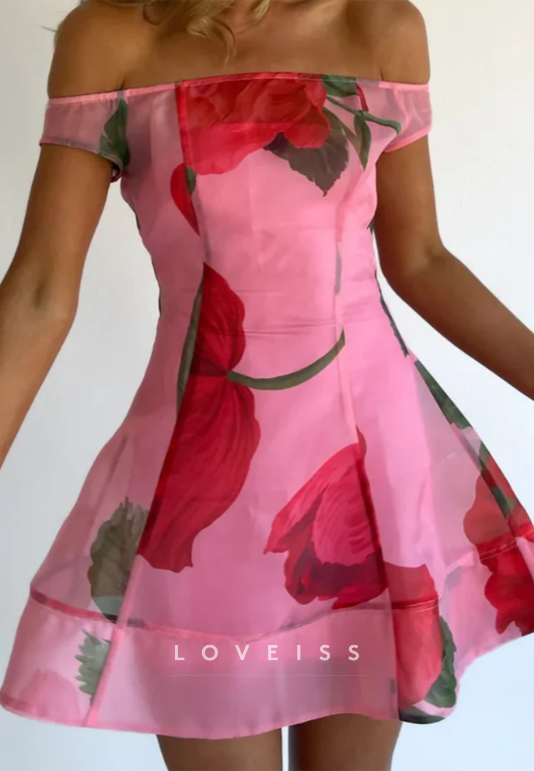 Off-Shoulder Rose Print Organza Mini Dress