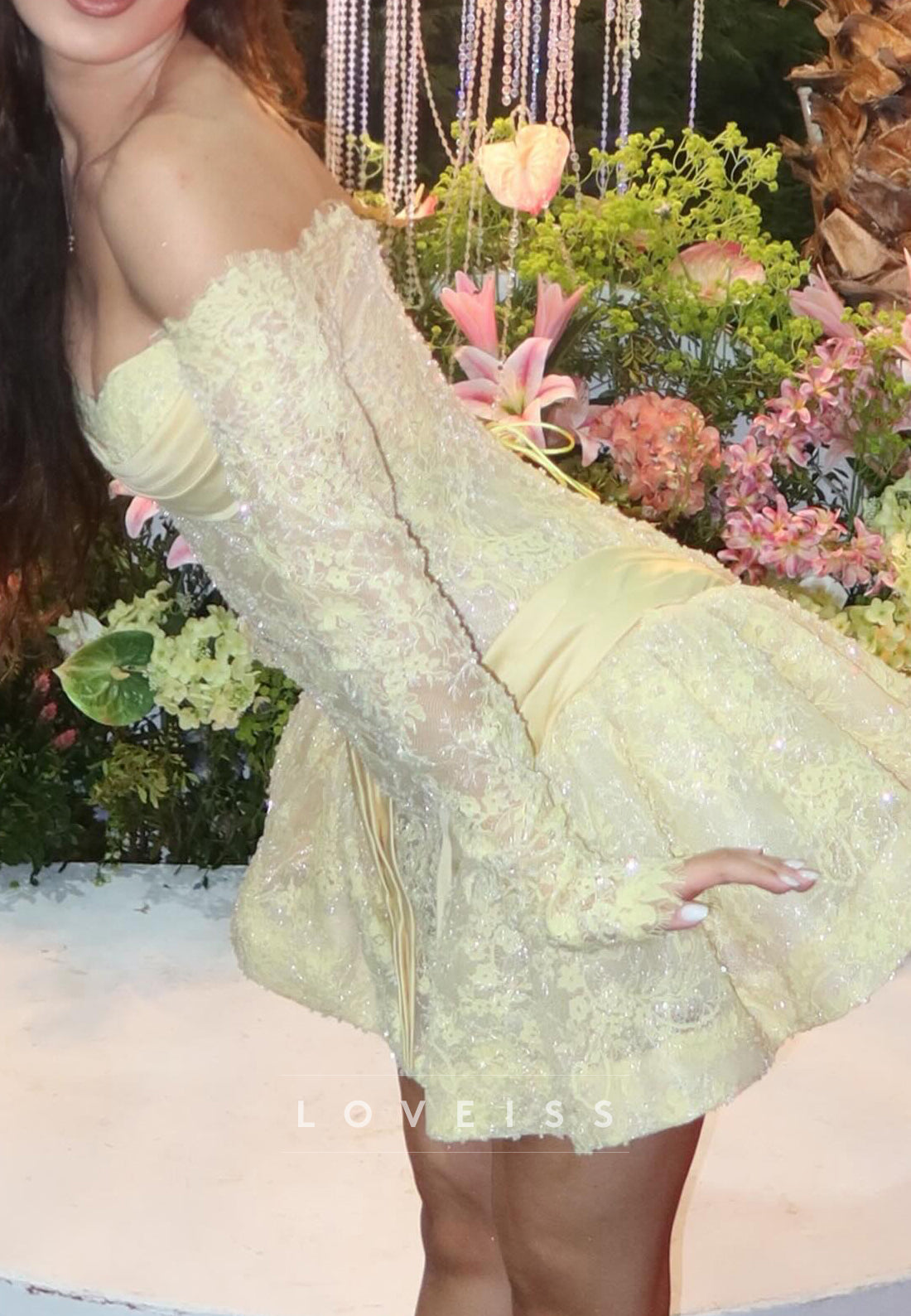 Off-the-Shoulder Lace Mini Dress with Bubble Skirt