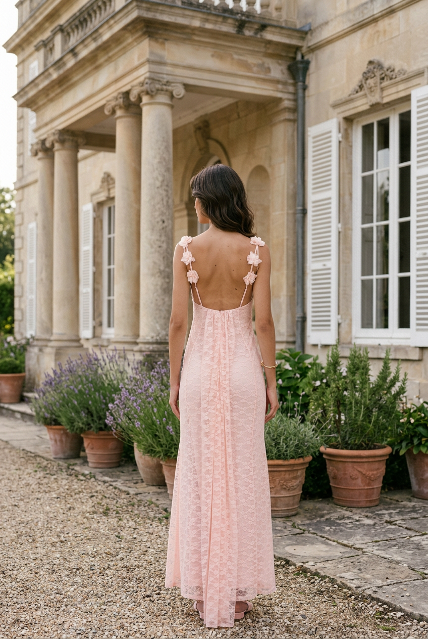 Floral Applique Strap Lace Maxi Dress