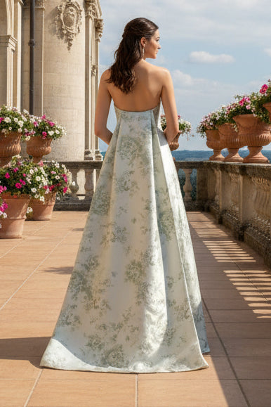 Strapless Jacquard Evening Gown with Watteau Train
