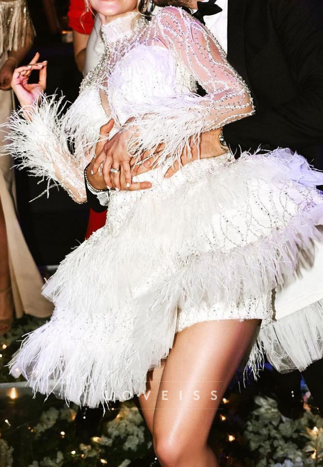 Beaded Feather High Neck Mini Dress