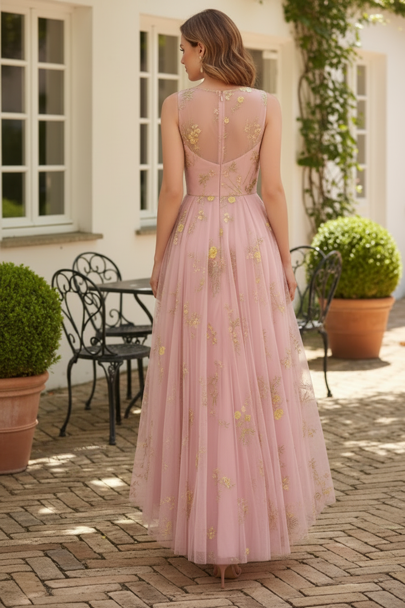 Floral Embroidered Tulle High-Low Sleeveless Dress