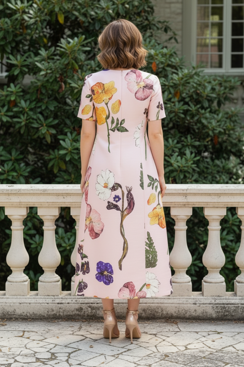 Elegant Floral Print Short Sleeve Midi Dress