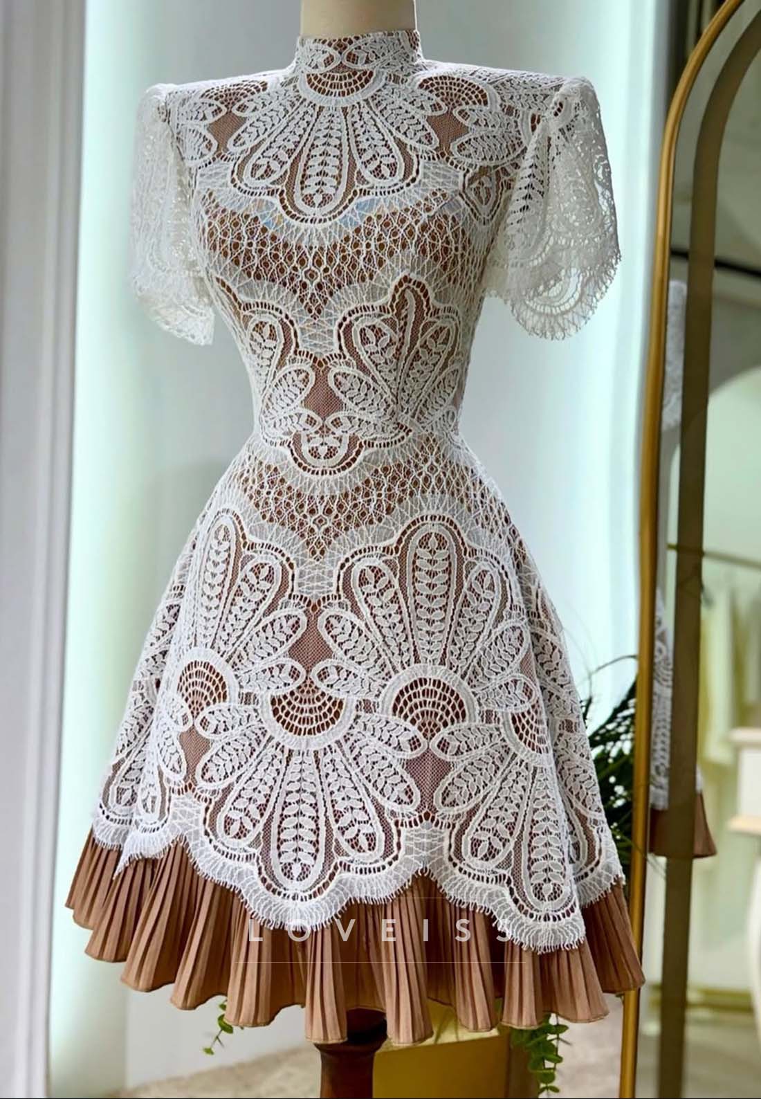 High Neck Lace Mini Dress with Pleated Hem