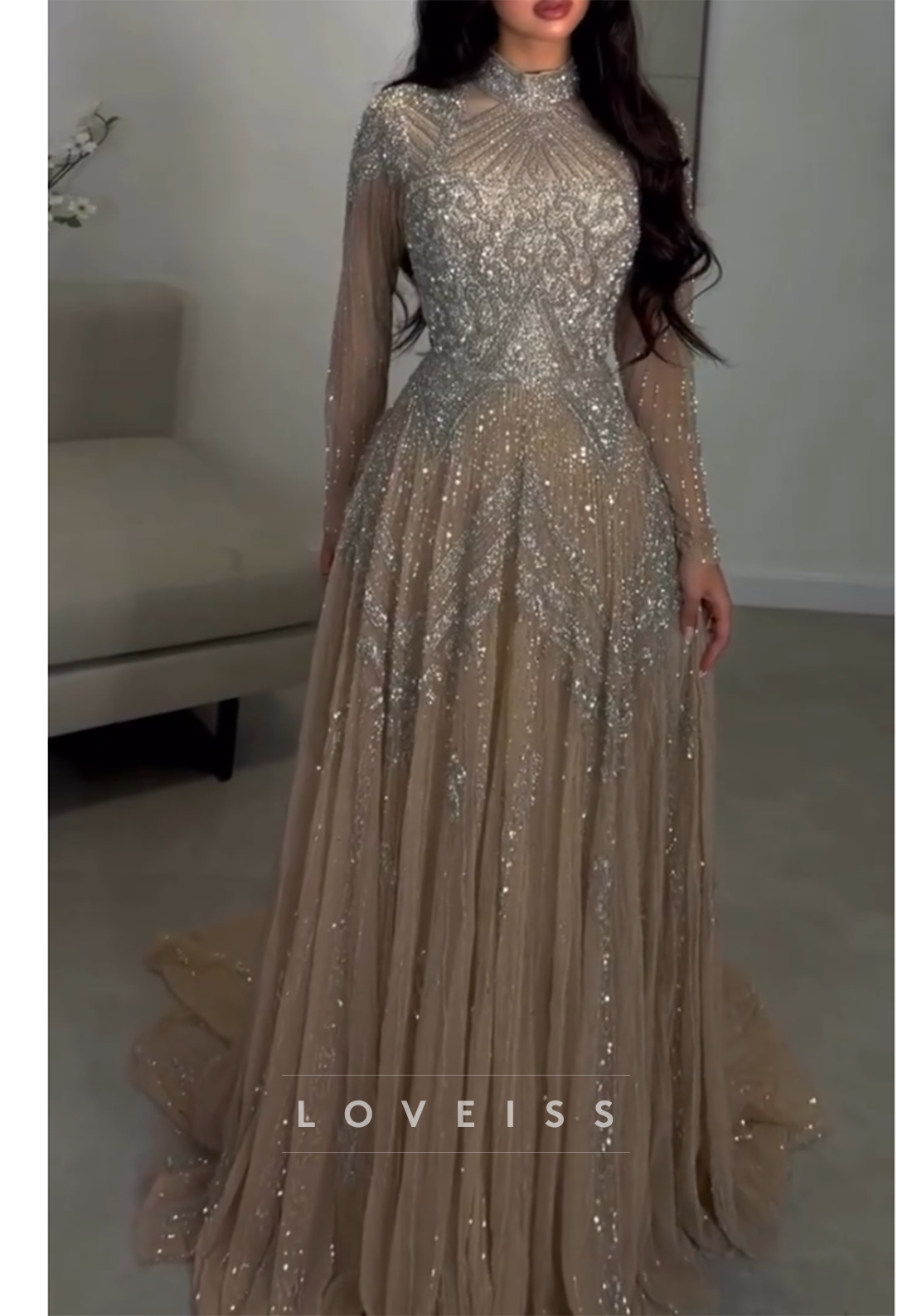 Beaded High Neck Long Sleeve A-Line Evening Gown