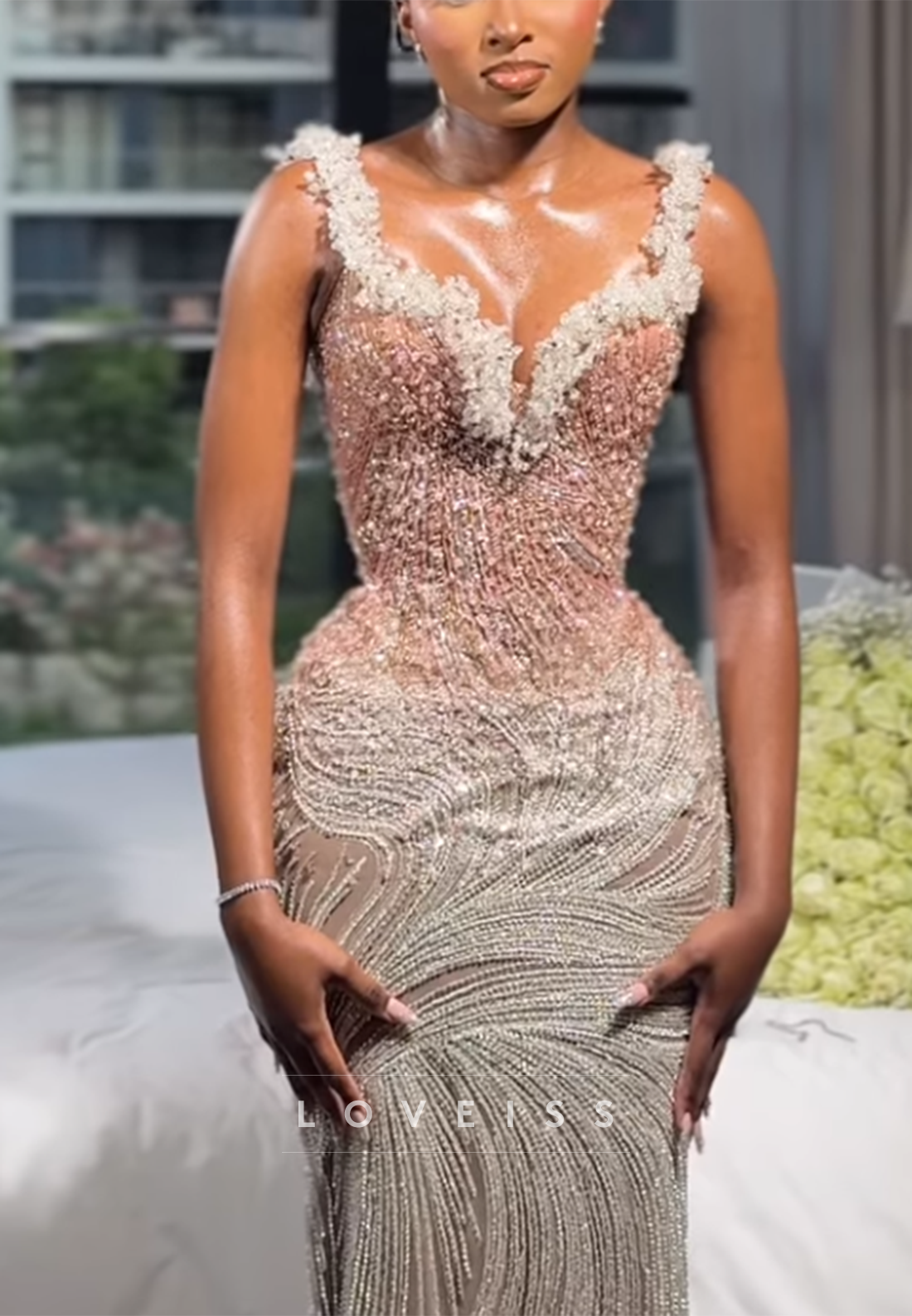 Beaded Swirl Corset Mermaid Evening Gown