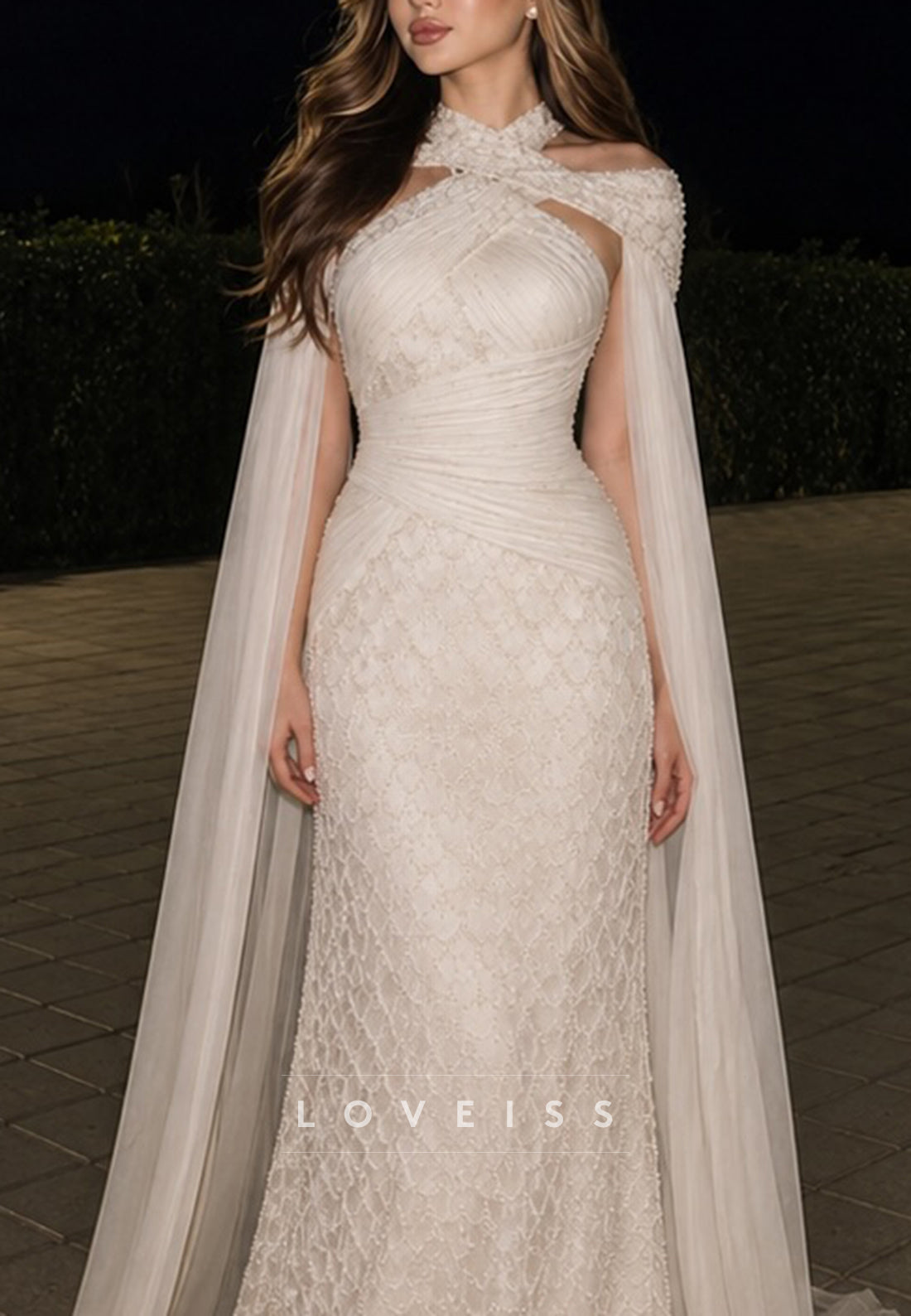 Elegant Beaded Halter Neck Cape Sheath Dress