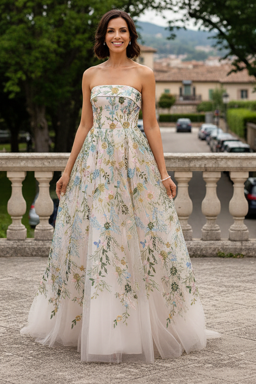 Strapless Floral Embroidered A-Line Gown