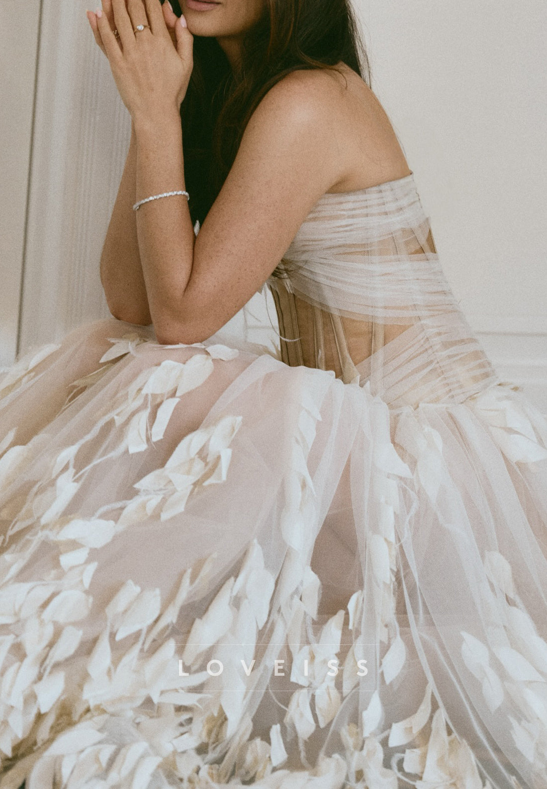 Strapless Leaf Appliqué Tulle Wedding Dress