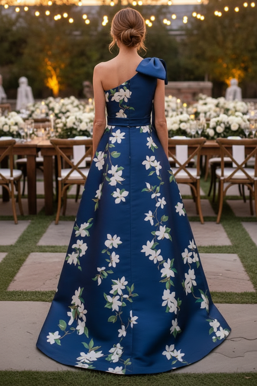 One-Shoulder Floral Print A-Line Gown with Bow
