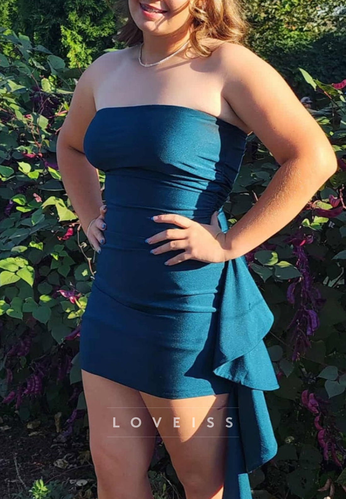 Strapless Ruched Bodycon Mini Dress with Side Ruffle