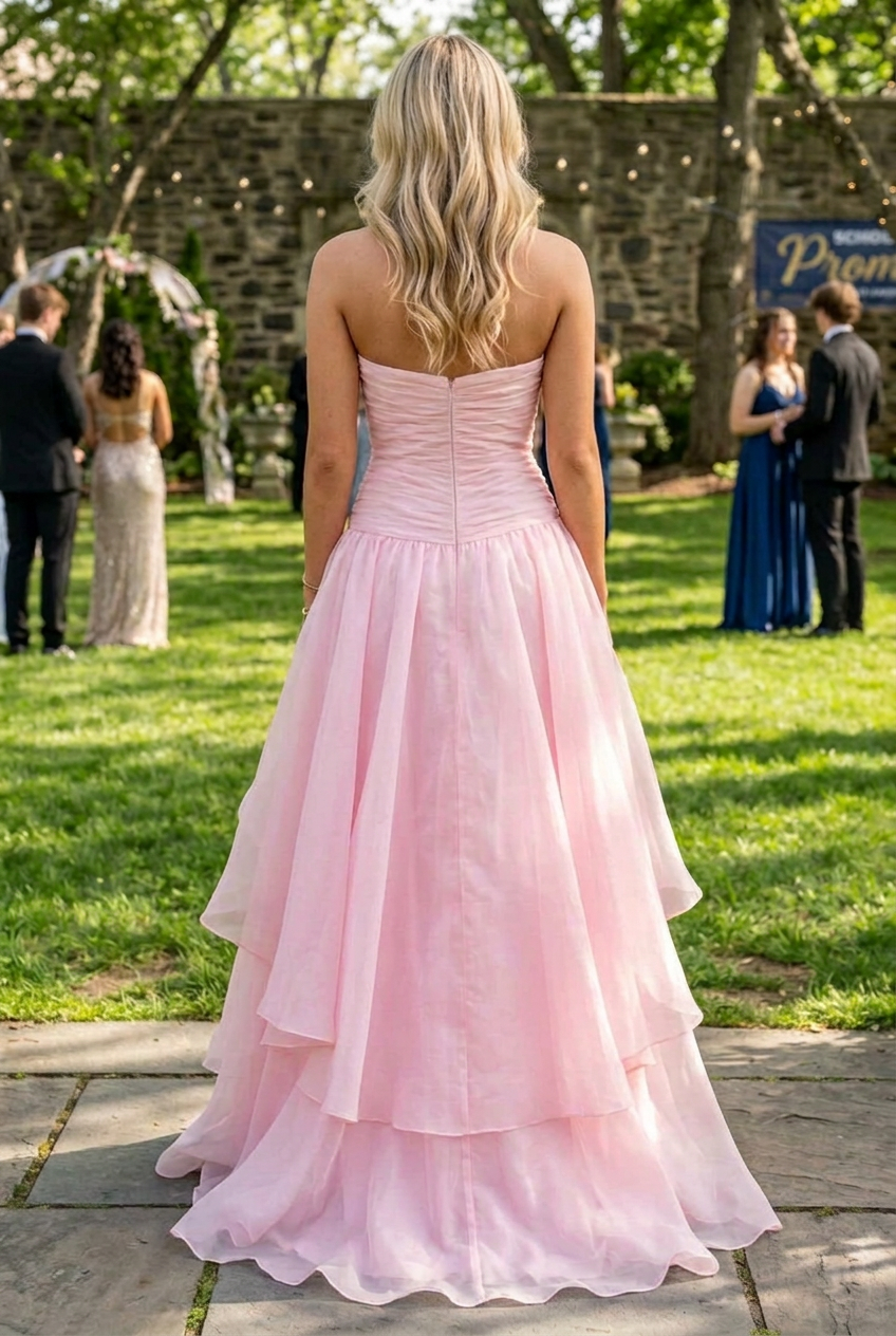 Strapless Ruched Gown with Tiered Slit Skirt