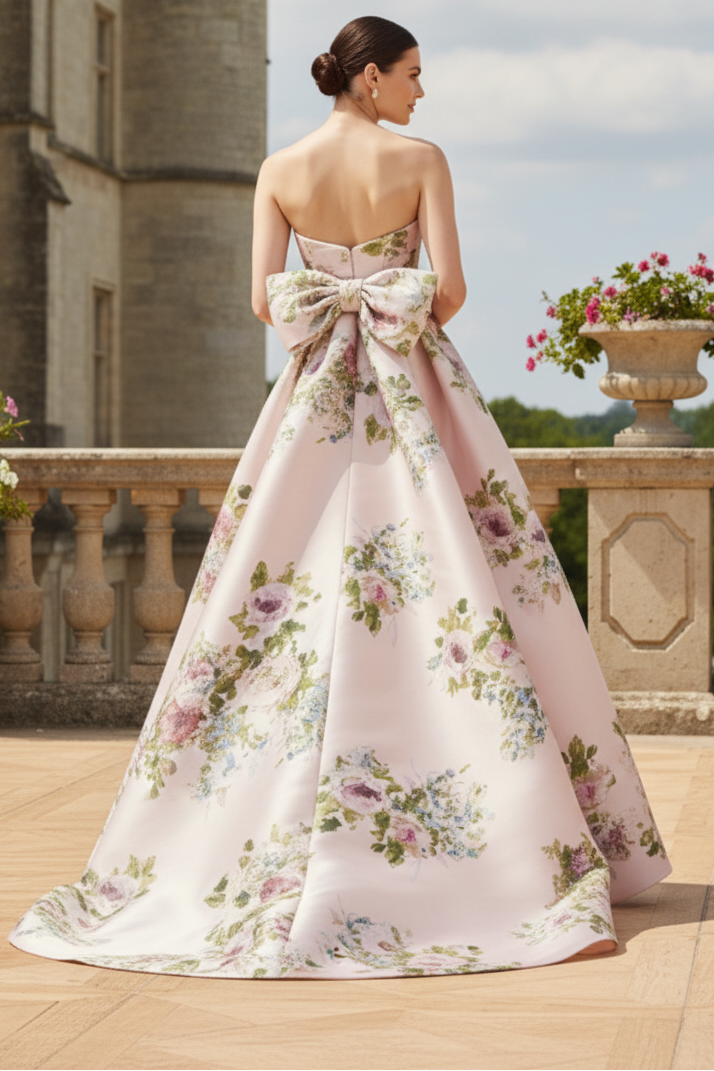 Strapless Floral Print Column Evening Gown