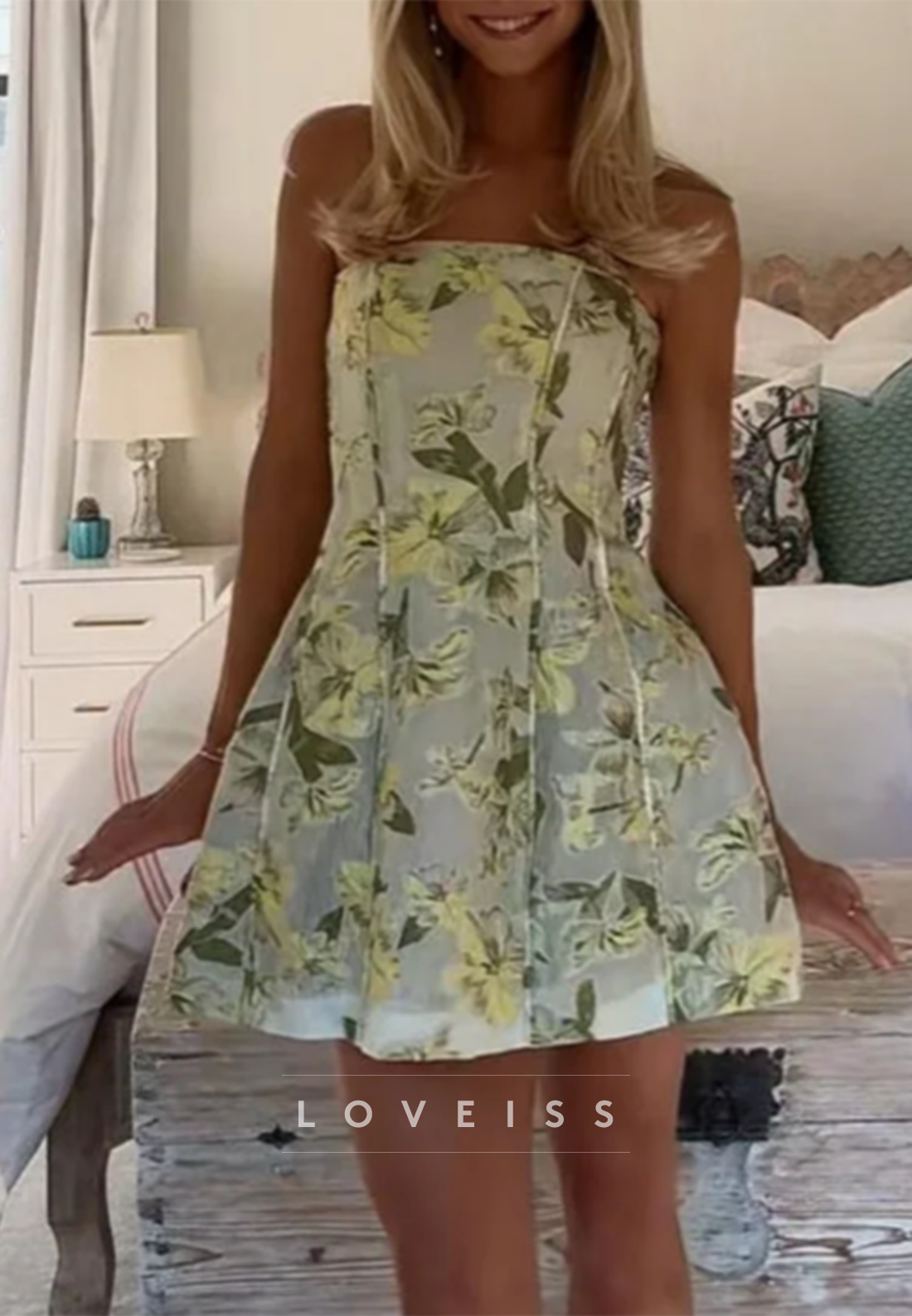 Strapless Floral Print Mini Dress with Pleated Bodice