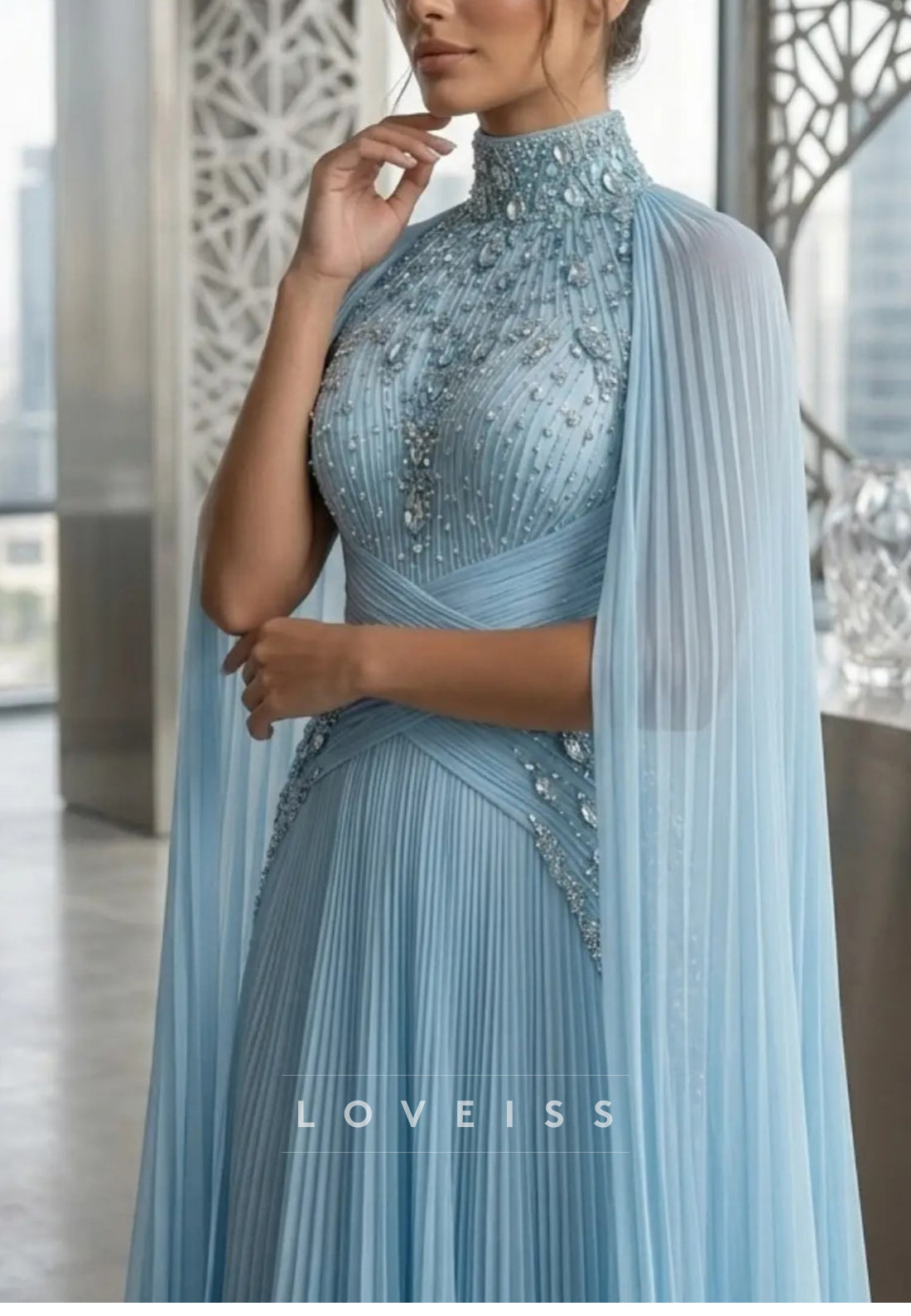 Beaded High Neck Cape Sleeve Pleated Evening Gown