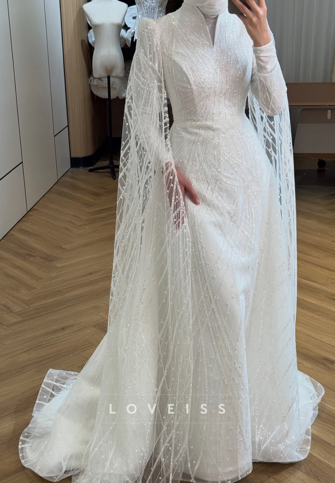 Beaded High Neck A-Line Wedding Dress with Cape