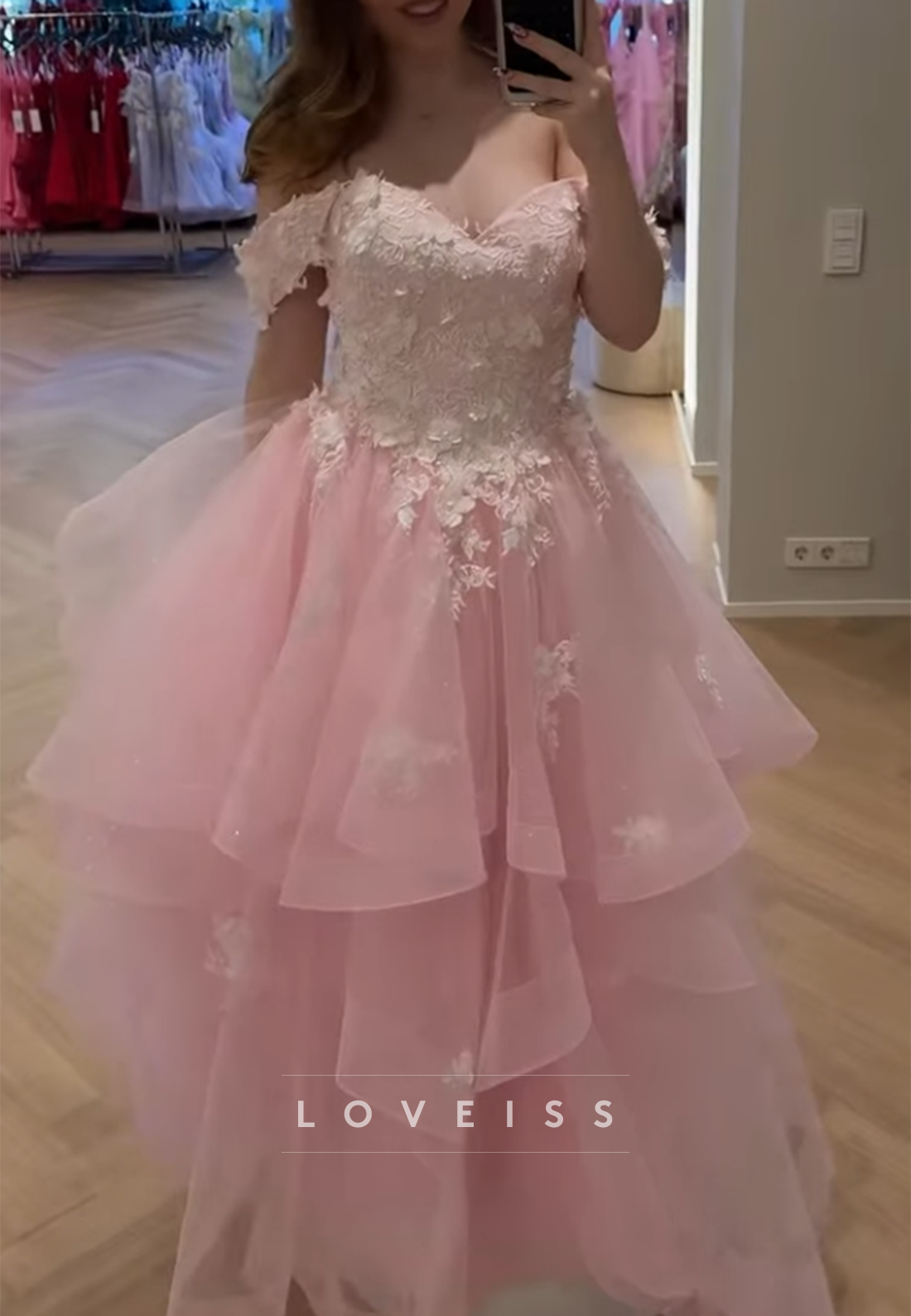 Lace Applique Tiered Ruffle Ball Gown