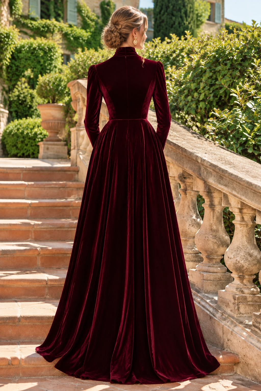High-Neck Long-Sleeve Velvet Maxi Dress