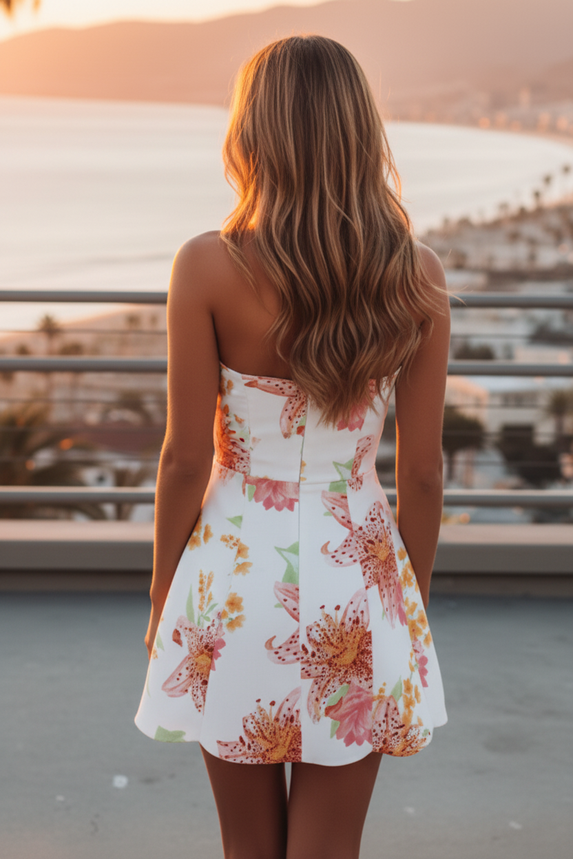 Floral Strapless Scalloped Mini Dress
