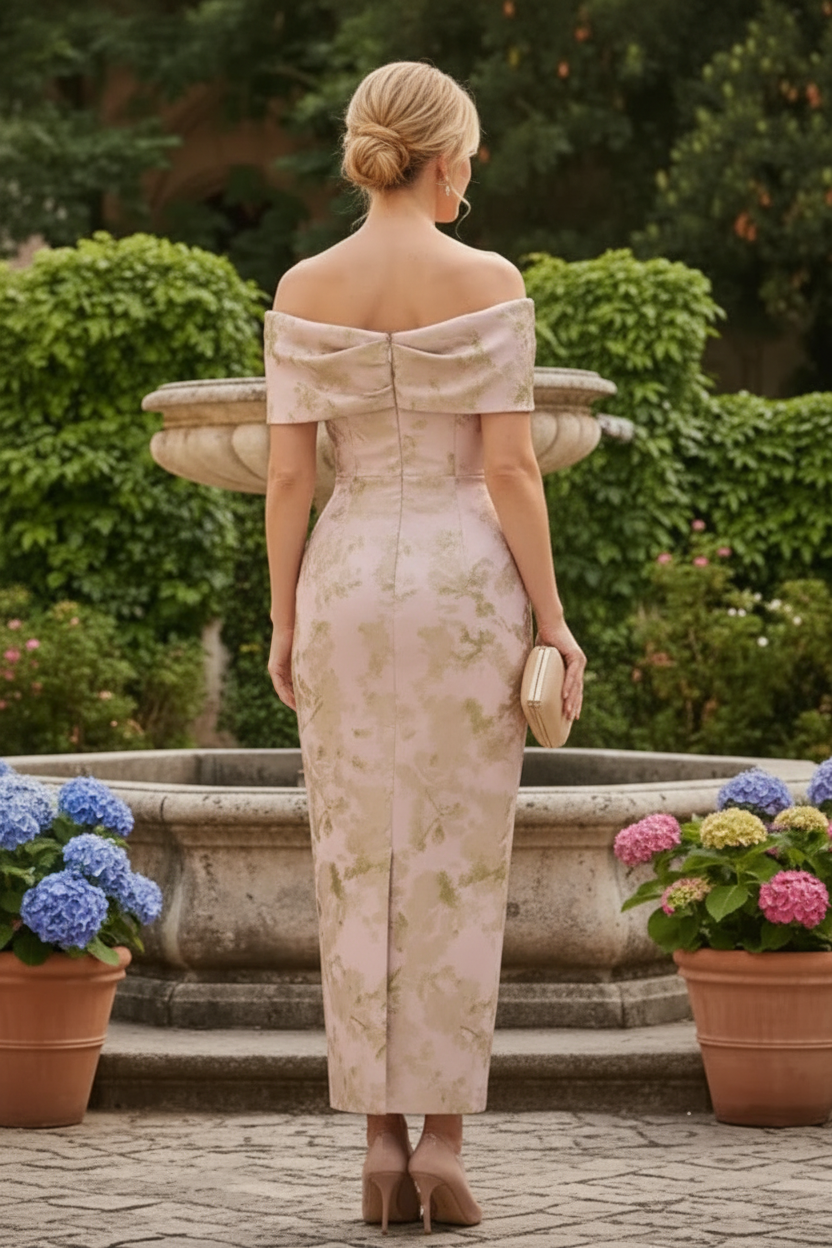 Off-the-Shoulder Jacquard Column Dress with 3D Flower