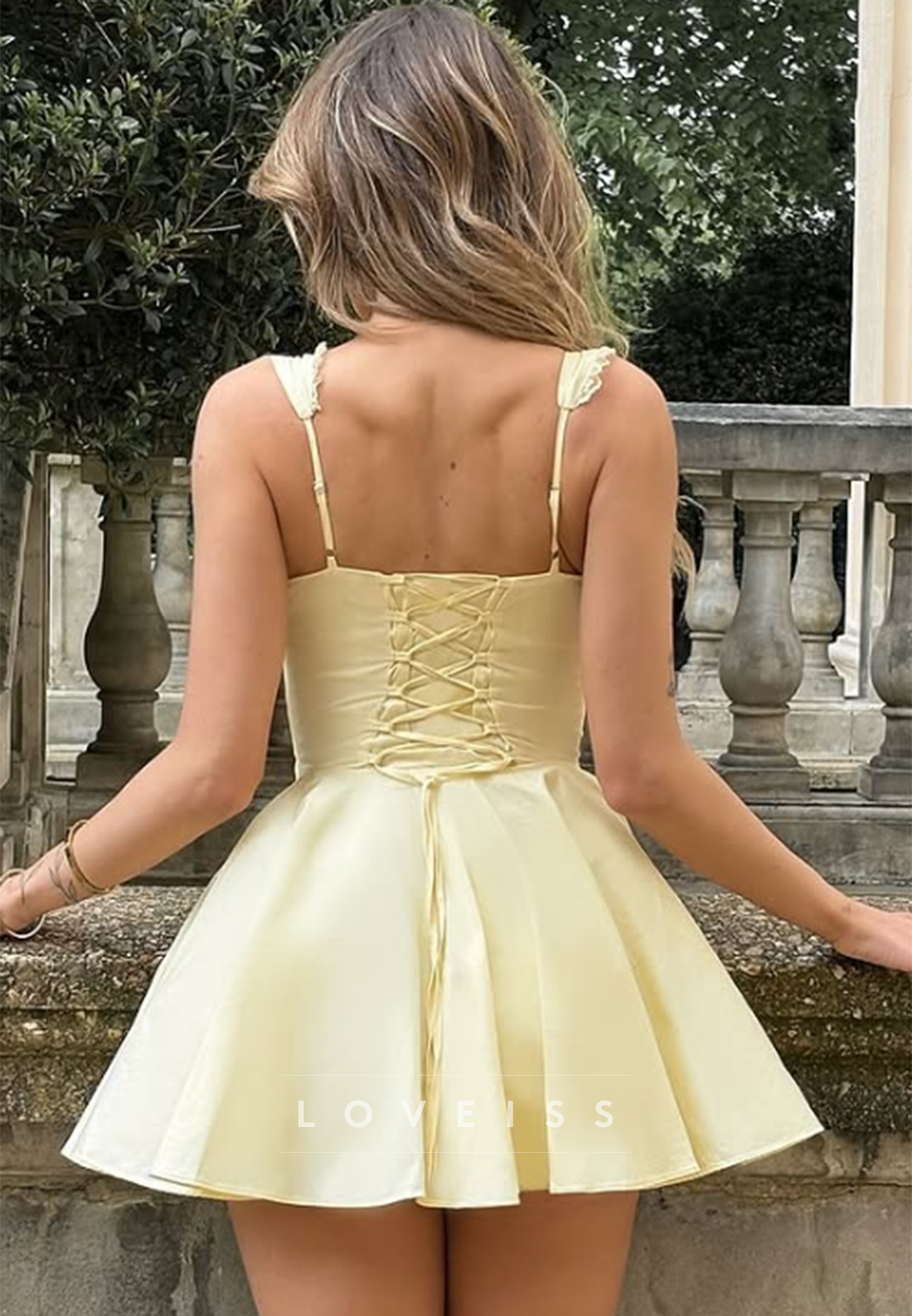 Satin Corset Mini Dress with Ruffle Trim & Lace-Up Back