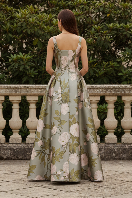 Floral Print Square Neck A-Line Evening Gown